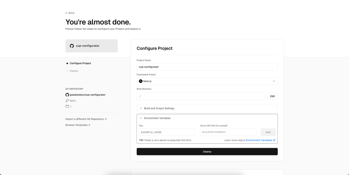 Vercel page for configuring deployment settings